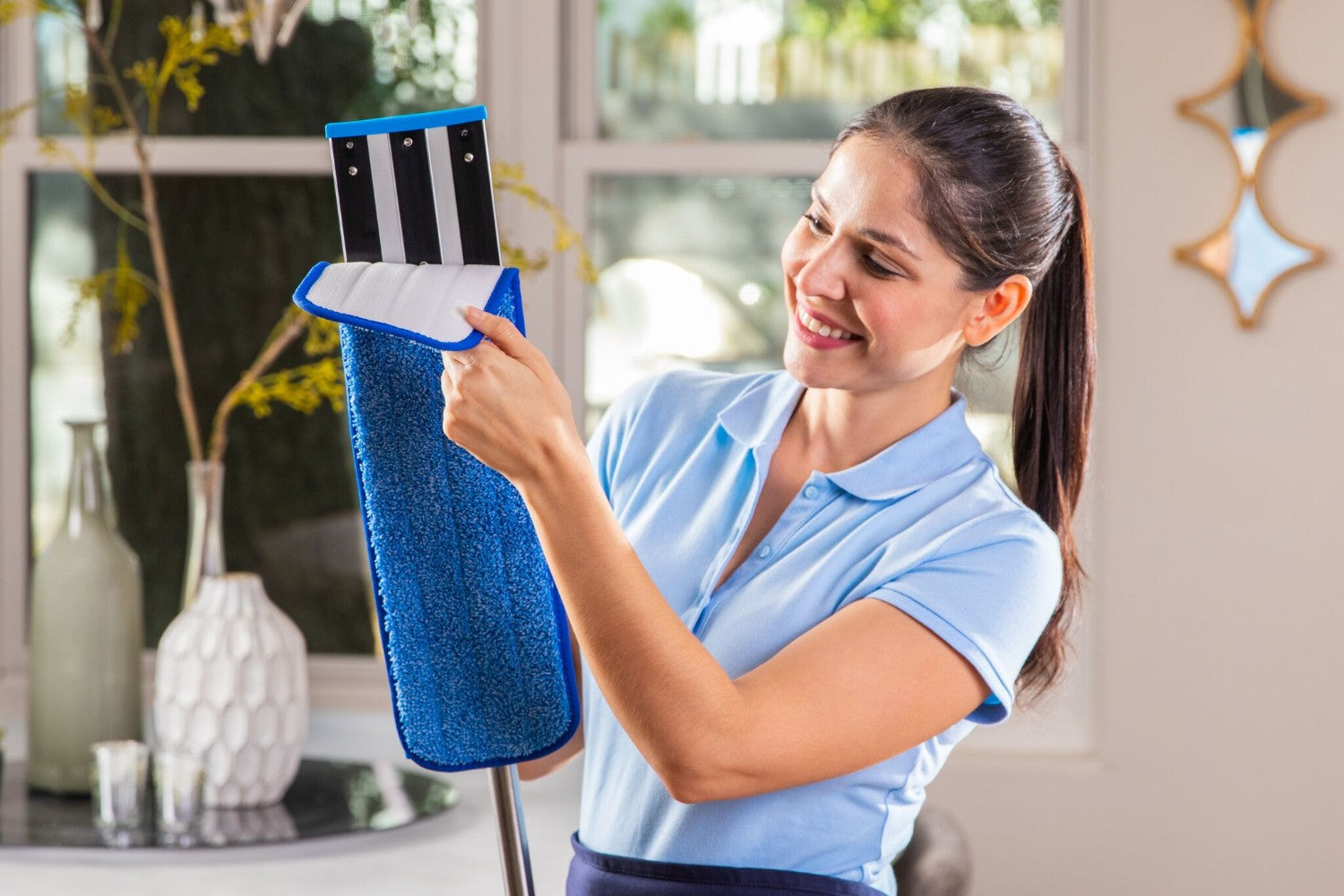 20 Inch Pad Shown-Blue 24 Inch Color Coded Microfiber Wet Mop Pads With Easy Locking hook and loop backing